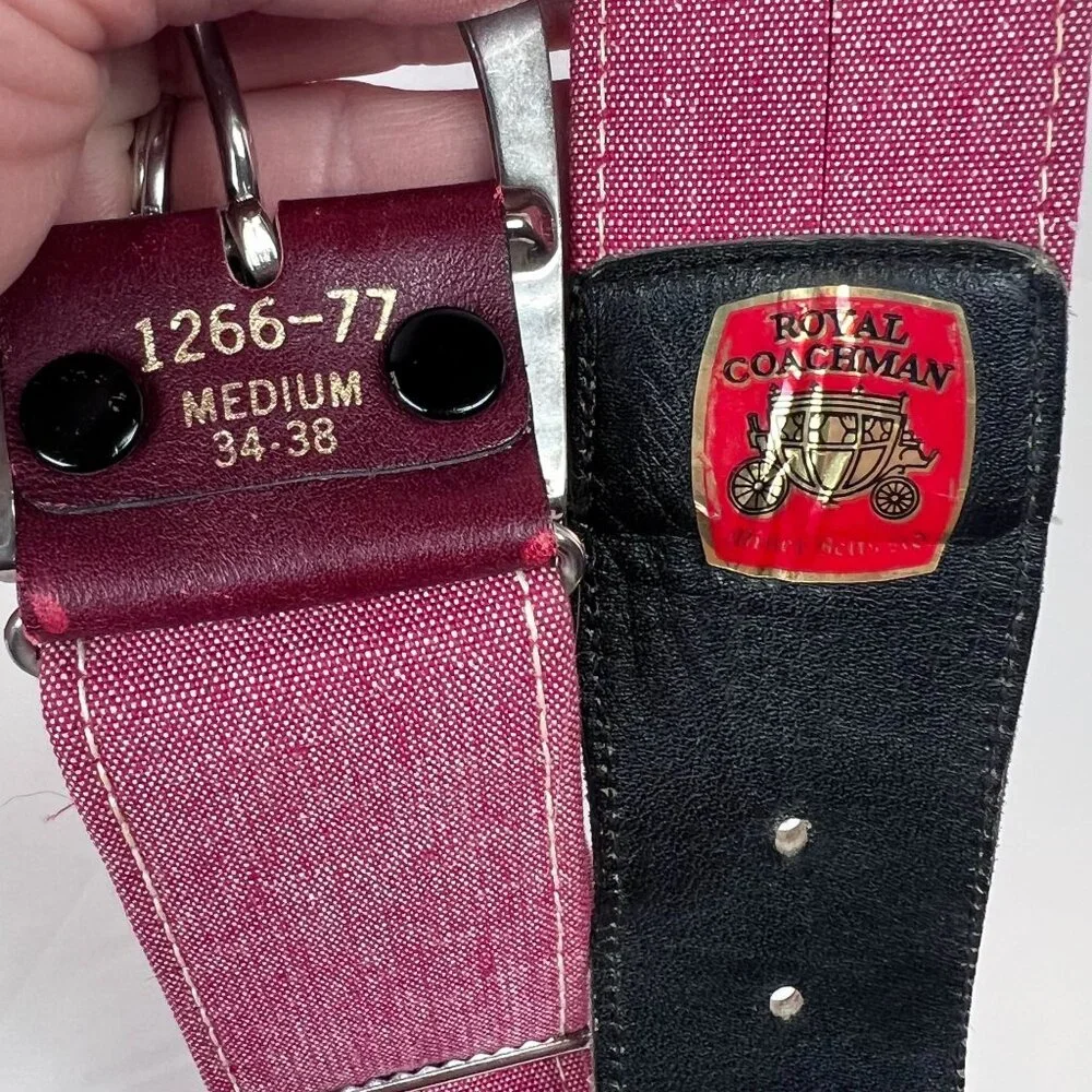 Vintage Royal Coachman Belt Medium 34-38 Red & Burgundy Canvas Silver Buckle‎
